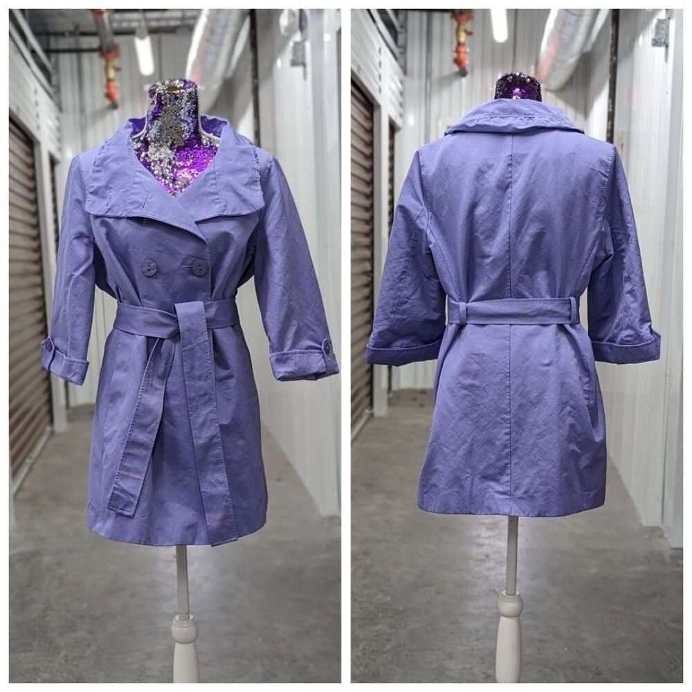 Tahari Purple Trench Coat Jacket with Belt - Large Minimalist Preppy Nautical